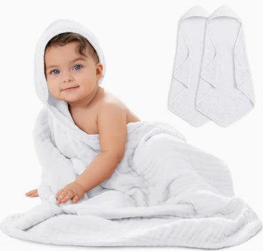 Baby Hooded Towels 6 Layer Muslin Cotton Towel For Kids - White (Pack of 2)